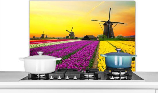 KitchenYeah Spatscherm keuken 90x60 cm - Kookplaat achterwand Windmolen - Tulpen - Bloemen - Lente - Muurbeschermer - Spatwand fornuis - Hoogwaardig aluminium