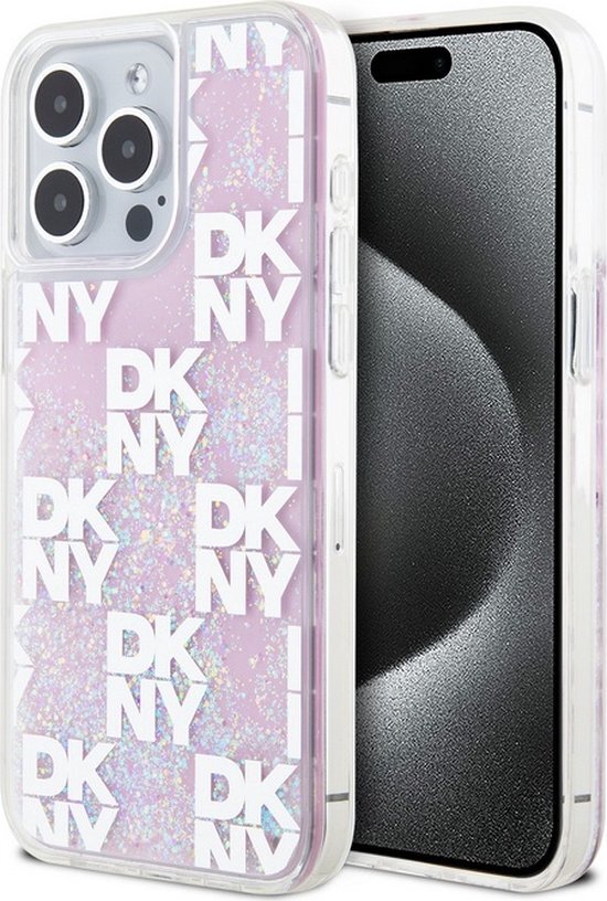 DKNY Liquid Glitter Checkered Pattern Back Case - Geschikt voor Apple iPhone 15 Pro Max (6.7") - Roze