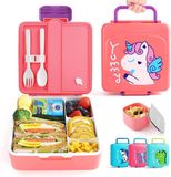 Merkloos Unyqoos Broodtrommel voor kinderen, met 4 vakken, lepel en vork, 1300 ml, lunchbox voor kleuterschool, lekvrij, bento box voor meisjes, magnetronbestendig, met draaggreep, sausbakje (eenhoorn)