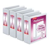 Cardinal Performer 3-ringmappen, 7,6 cm, niet-vergrendelende schuine D-ringen, capaciteit 725 vel, ClearVue-presentatie, antiaanbaklaag, PVC-vrij, wit, 4-pack (27600)