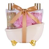 Accentra - Doucheset cadeauset voor vrouwen Wild Berry in badkuip van keramiek, badset cadeau met douchegel, bodylotion en netspons, 3-delige wellness-set voor dames en meisjes