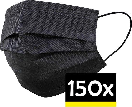 Zwarte wegwerp mondkapjes - 150 stuks - Unisex - 3 laags - Nylon