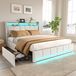 Boxspringbed 140x200 cm met USB-aansluiting, eenpersoonsbed geschikt voor twee personen met lattenbodem en 4 lades, bed met opbergruimte en LED-verlichting, linnen, beige