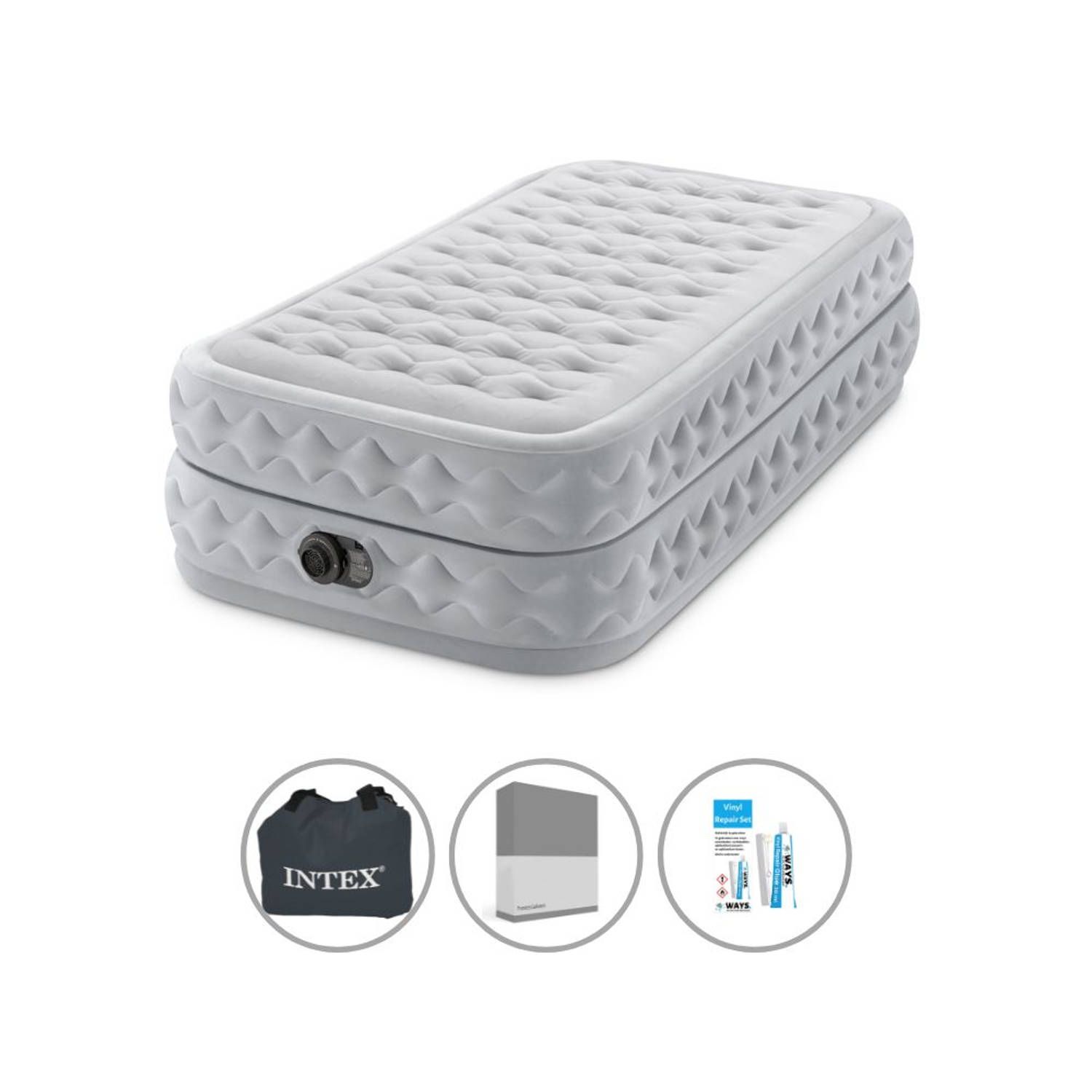 Intex Luchtbedset 1-Persoons 99 x 191 x 51 cm Grijs - Met Ingebouwde pomp + Hoeslaken Antraciet + Reparatieset