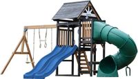 AXI Cody Speeltoestel met Schommels, Trapeze en Klimwand – Blauwe Dubbele Glijbaan – Met Buisglijbaan - Met Picknickbank - FSC 100% hout – Speeltoren voor de tuin / buiten