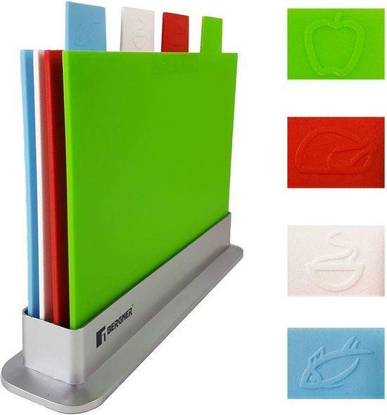 Bergner Index Snijplankenset - 4 Stuks met Houder - Antibacterieel - Anti-slip