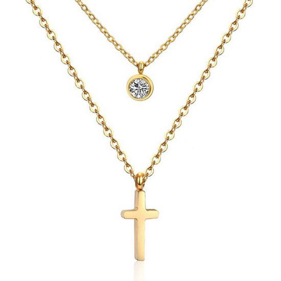 Cilla Jewels Gelaagde dames ketting Edelstaal Verguld Goudkleurig Kruis
