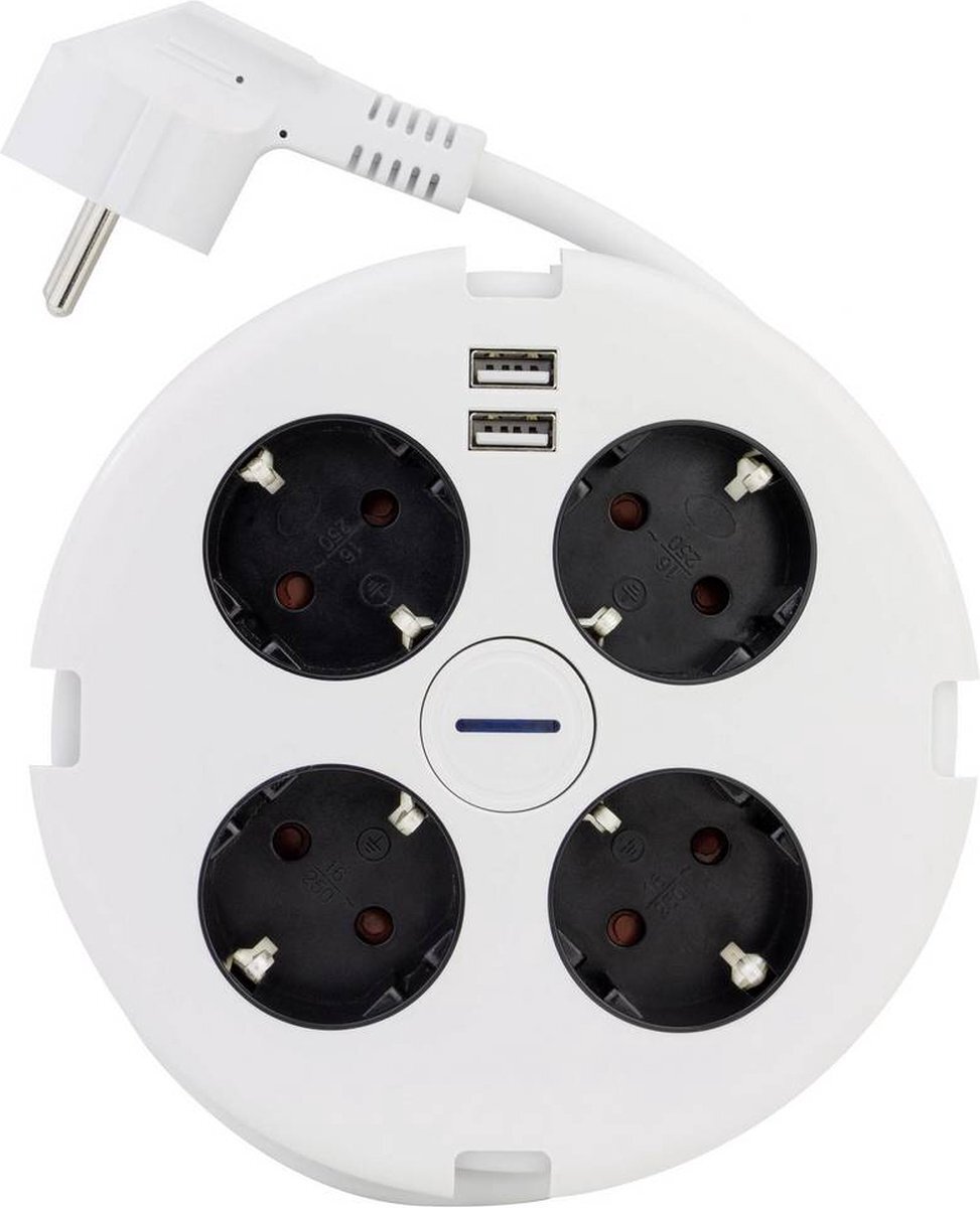 REV POWERDISC Stekkerdoos met USB, oplader, met schakelaar, meervoudige stekkerdoos 4-voudig, 2x USB, 140cm, 3500W, 16A, wit