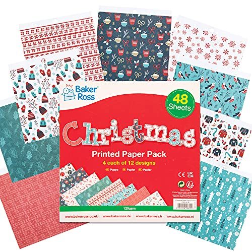 Baker Ross FC214 Kerstpapier met opdruk - Pak van 48, Creatieve kunstbenodigdheden voor kinderen, ideaal voor knutselactiviteiten en maak je eigen versieringen