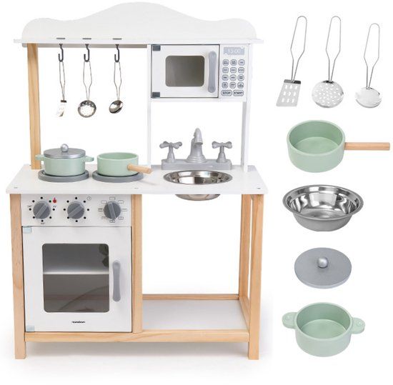 Mamabrum Montessori Houten Keuken voor Kinderen - 3 Jaar - Magnetron, Oven, Gootsteen en Accessoires Inbegrepen - Natuurlijke Kleuren