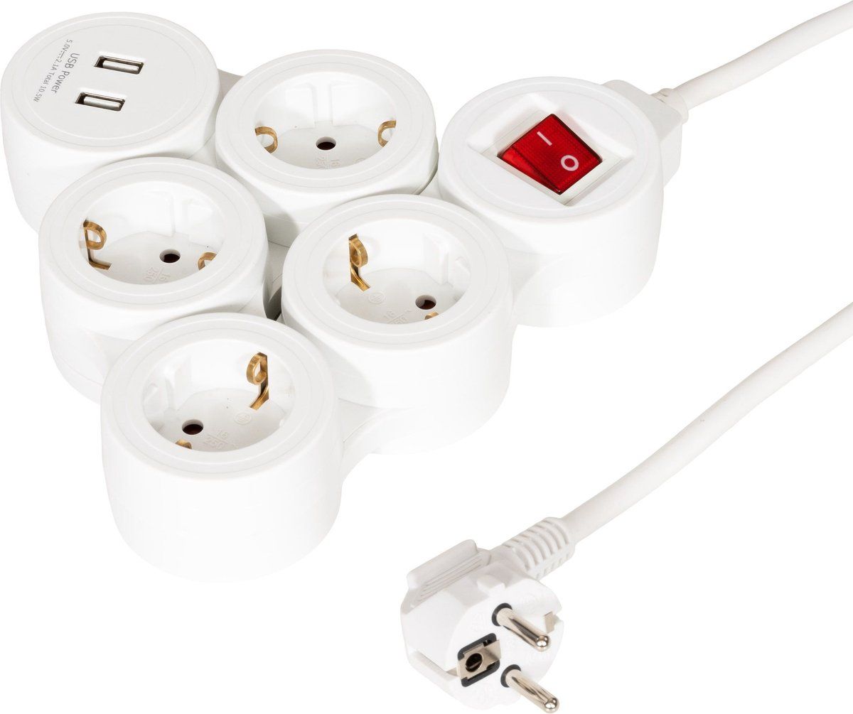 Allteq Stekkerdoos | Schuko | 4-voudig | 2x USB | Flexibel | Wit