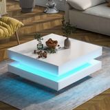 Ropilly Salontafel, 70x70x36 cm, 100% spaanplaat, wit, vierkant, met een 360° draaibare tafelblad en LED-verlichting die via een app te bedienen is