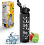 K-MART Sportwaterfles met rietje en tijdmarkering, 940 ml, BPA-vrij, zwart