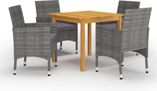 The Living Store Tuinset - Acaciahouten eettafel - Gepoedercoat stalen eetstoelen - Grijs rattan - 85x85x74 cm - Inclusief kussens