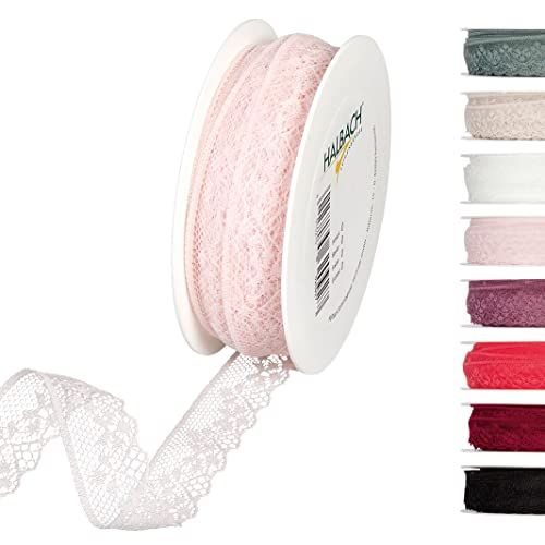 Halbach Seidenbänder Kantlint 18 m, kant per meter op rol als lint voor bruiloften om te naaien of tafeldecoratie, kantstof voor doe-het-zelf handwerk