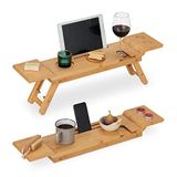 Relaxdays bamboe badplank, 70 cm breed, badrekje voor wijnglas, telefoon, tablet, badkuip plank met poten, naturel