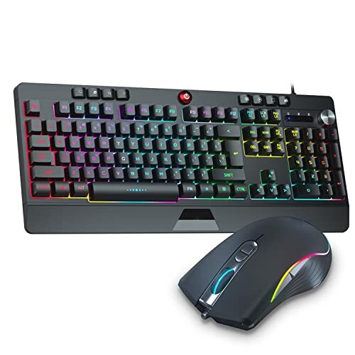 EXHNLE Gamingtoetsenbord en muis Combo Rainbow LED Backlit USB Bedraad toetsenbord met muizen USB Bedraad Backlit Toetsenbord, voor Laptop PC Computerspel en Werk (Kleur: Zwart)