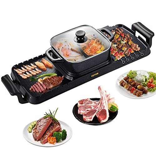 VEVOR 2 in 1 BBQ Grill Hete Pot 2400W Multifunction Elektrische Grill Hot Pot 73,5x26,5x19 cm Grill Indoor Hot Pot van Gegoten Aluminium en Gehard Glas met Dubbele Temperatuurregeling voor Thuis Koken