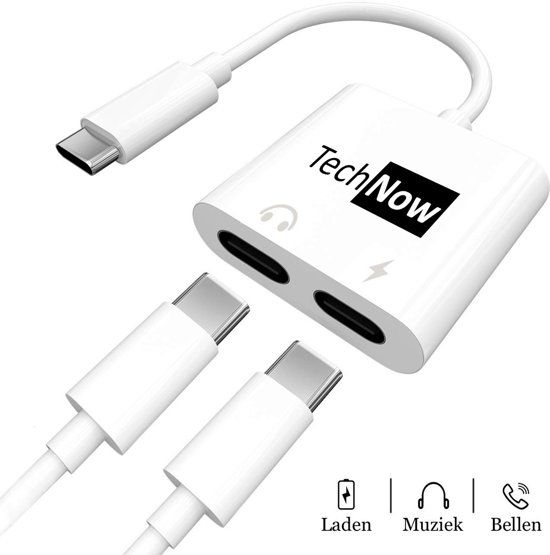 TechNow Audio en Oplaad Adapter naar twee USB-C Type-C aansluitingen - Kabel voor Huawei, Macbook Pro, iPad Pro, Sony, Google, Xiaomi