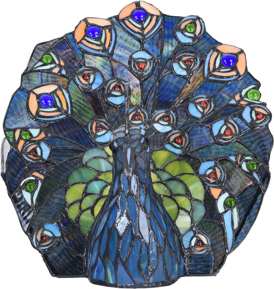 LumiLamp Tiffany Tafellamp - 32x30 cm - Blauw/Groen Glas in lood - Pauw