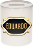 Bellatio Decorations Shoppartners Bv Spaarpot met voornaam Eduardo - wit - met goud/zwart embleem - 8 x 9 cm - keramiek - met afsluitdop - cadeau verjaardag
