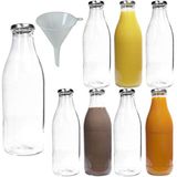 Viva-Haushaltswaren 8 lege glazen flessen met brede hals voor 1,0 l, melkflessen sapflessen met zilverkleurige schroefdop, incl. vultrechter Ø 9cm