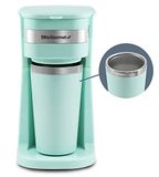 Elite Gourmet EHC113M# Filterkoffiezetapparaat met enkele portie, compact, persoonlijk, met roestvrijstalen thermo-reisbeker aan de binnenkant, voor gemalen koffie, herbruikbare filter, mintgroen, 400
