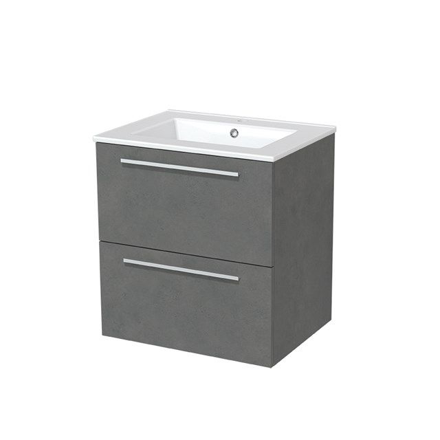 Maxaro Badkamermeubel 60cm Modulo Donkergrijs Beton 2 lades Vlak Wastafel Keramiek