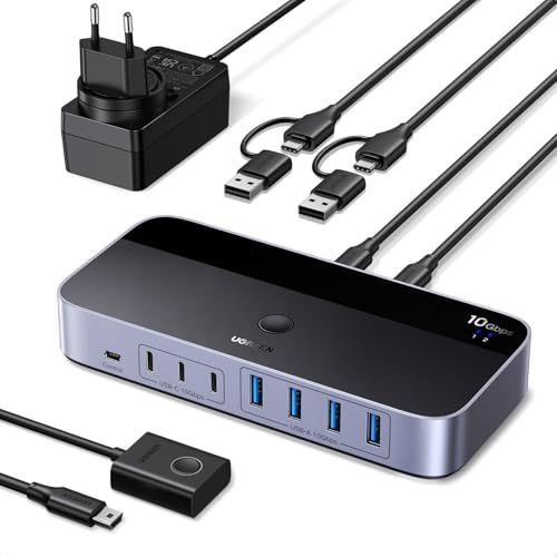 UGREEN Switch USB C 3.2 10Gbps KVM-schakelaar 2 PC ingangen delen 7 USB-uitgangen 4A3C voor toetsenbord, muis, harde schijf, printerscanner, microfoon met voedingsadapter DC 12 V