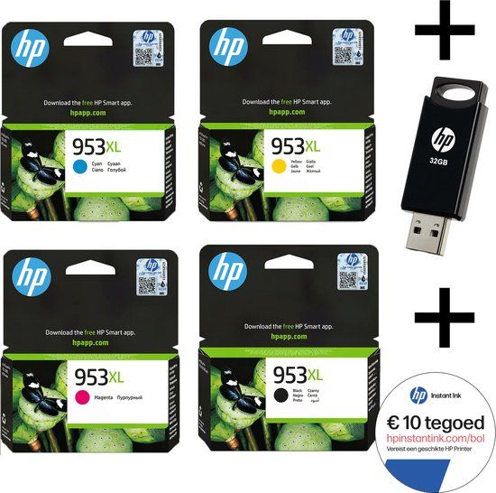 HP 953 XL Multi Bundel - Zwart, geel, Cyaan, magenta - Met Gratis 32 GB USB Stick & Instant Ink tegoed