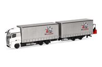Herpa vrachtwagenmodel Mercedes-Benz Actros jumbo-schuifzeilcombinatie met heftruck "Wilkening", miniatuur op schaal 1:87, verzamelmodel, Made in Germany, kunststof