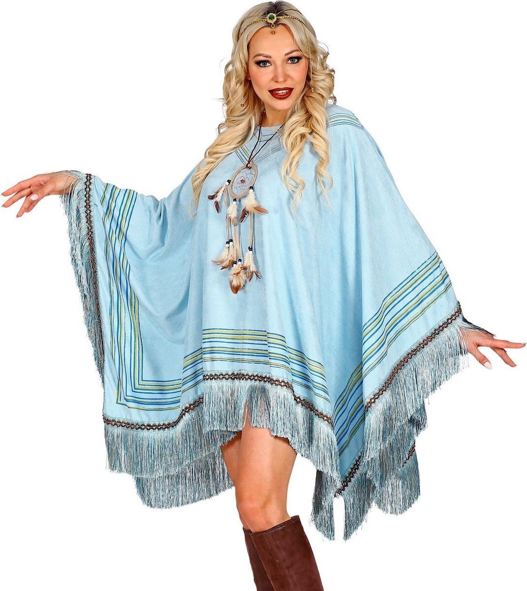 Widmann Indiaan Kostuum | Luxe Hemelsblauwe Indianen Poncho | One Size | Carnaval kostuum | Verkleedkleding