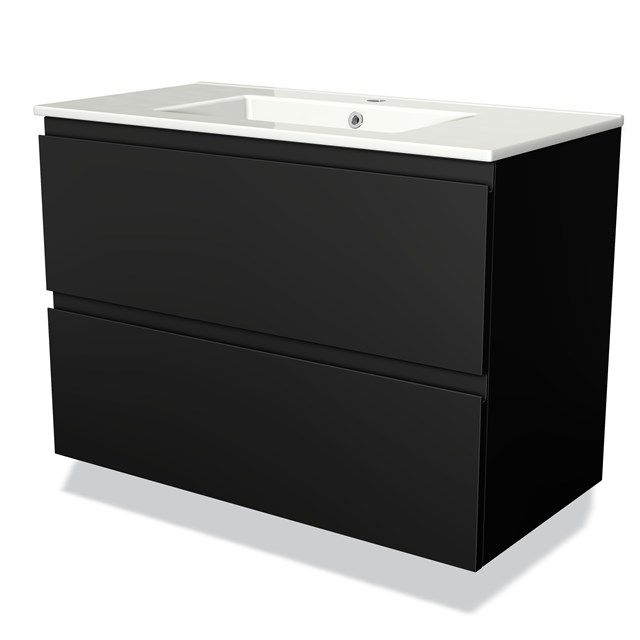 Maxaro Badkamermeubel 90cm Modulo Mat Zwart 2 Lades Greeploos Wastafel Keramiek