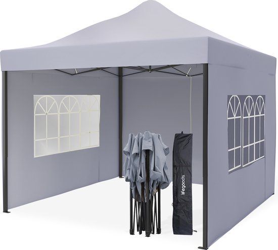 LifeGoods Partytent - 3x3 m - Zijwanden - Easy Up - Paviljoen - Opvouwbaar - Waterdicht - Draagtas met Wieltjes - Donkergrijs