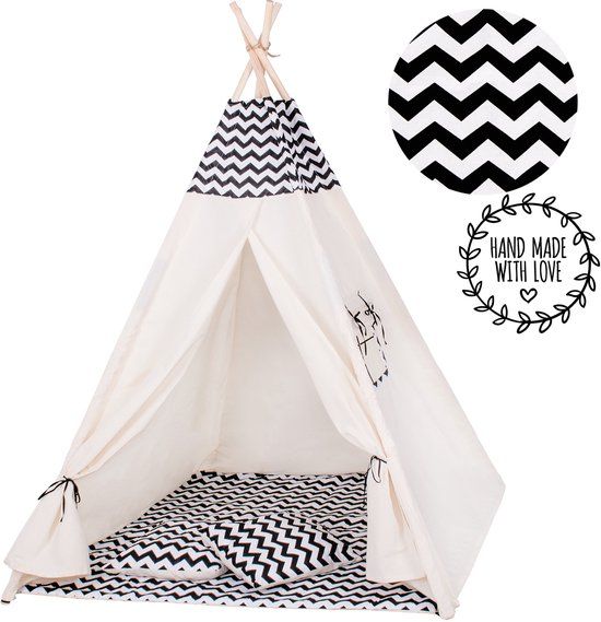 Springos Tipi Tent - Wigwam Speeltent - 120x100x180 cm - Met Mat en Kussens - Naturel Zwart - Golven