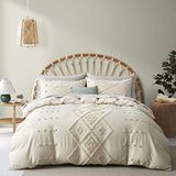 Oli Anderson Getuft dekbedovertrek kingsize, zachte en lichte dekbedovertrekset voor alle seizoenen, 3-delige boho-borduurwerk, shabby chic beddengoedset (beige, king, 250 x 229 cm)