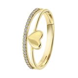 Lucardi Dames Dubbele ring hart en zirkonia - Ring - Cadeau - 14 Karaat Goud - Geelgoud