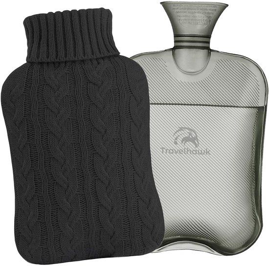 Travelhawk Kruik XL - 2 Liter - Warm Water Kruik - Met Hoes Van Wol - Zwart