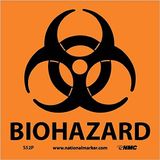 NMC S52P Waarschuwingsbord met afbeelding, "BIOHAZARD", 7" Breedte x 7" Hoogte, Drukgevoelig Vinyl, Zwart op Oranje