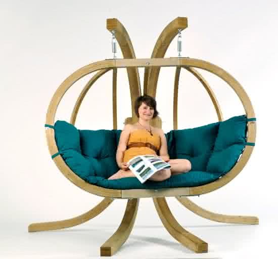 Amazonas Globo Chair Royal - 2 persoons - Groene kussens + Luxe Houten Standaard