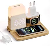 Chargeur sans fil iPhone - Station de charge 5-en-1 - Avec réveil et veilleuse - Blanc