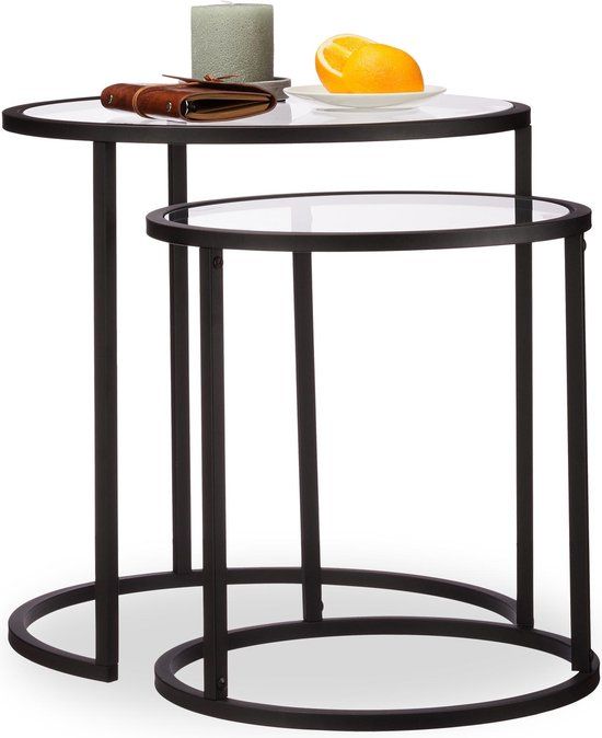 Relaxdays Bijzettafel Set van 2 - Glas - Rond - Zwart - Design
