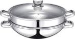 BAUMALU Wok, 32 cm, acier inoxydable, panier vapeur et passoire à légumes inclus, couvercle en verre, convient à tous types de cuisinières, y compris induction
