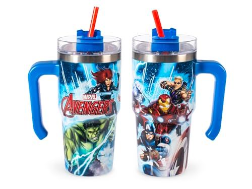 H&H Avengers Bluestorm Thermosbeker met rietje, 0,6 l, van roestvrij staal, dubbelwandig, herbruikbaar, lekvrij, ideaal voor school, kantoor, sport en reizen