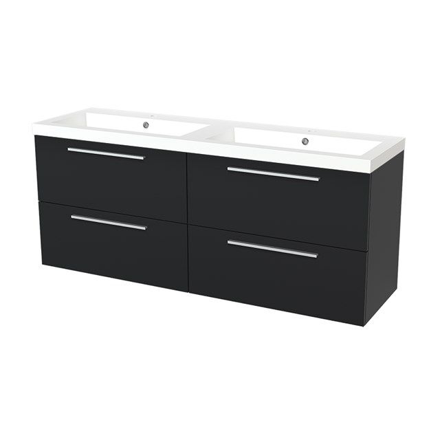 Maxaro Badkamermeubel 160cm Modulo Hoogglans Zwart 4 lades Vlak Wastafel Mineraalmarmer