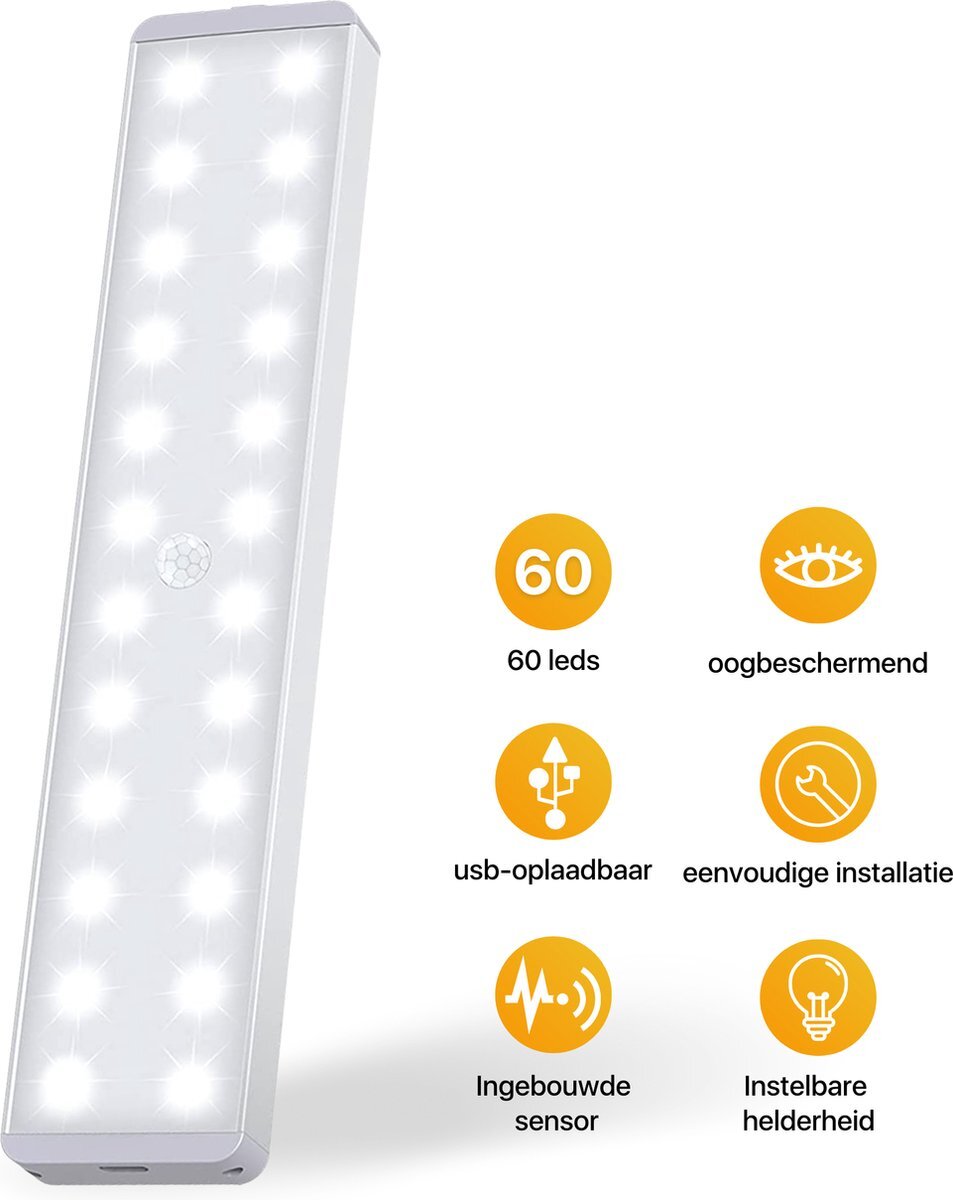 LUSQ® LUSQ - Nieuwste generatie slimme LED Kastverlichting met Bewegingssensor – Krachtpatser met 60 LED via USB oplaadbaar - Keukenverlichting onderbouw – Verlichting met sensor – Dimbaar - Draadloos - Werkt overdag en in het donker