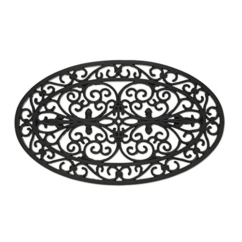 Relaxdays deurmat rubber, 75 x 45 cm, entreemat voor binnen & buiten, sierlijk design, floraal patroon, zwart