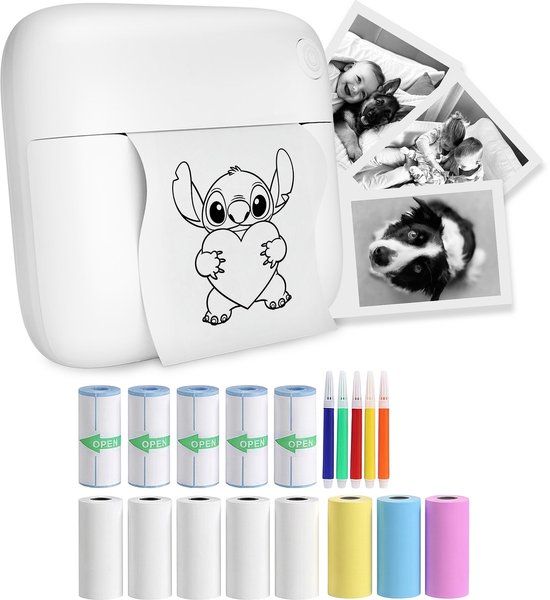 Gatson Mini Printer - 300DPI - Inclusief 14 Rollen Papier + 5 pennen - Wit