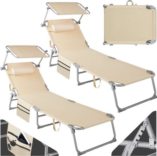 tectake Set of 2 Reclining Sun Loungers - Adjustable, Foldable - Beige