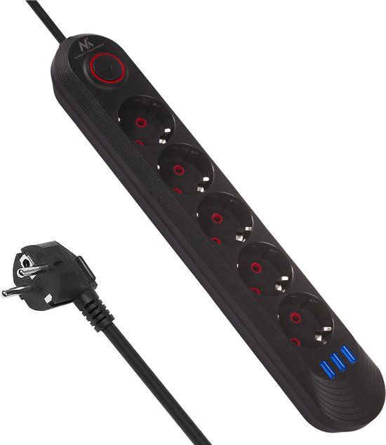 Maclean MCE395 B - Stekkerdoos - 5-polige verlengkabel 1.5m + 3xUSB - Zwart